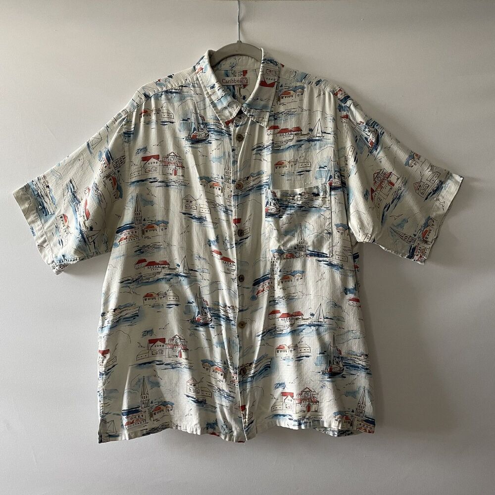 Caribbean Silk Cotton Camp Shirt Short Sleeve Scenic Print Ivory Size L